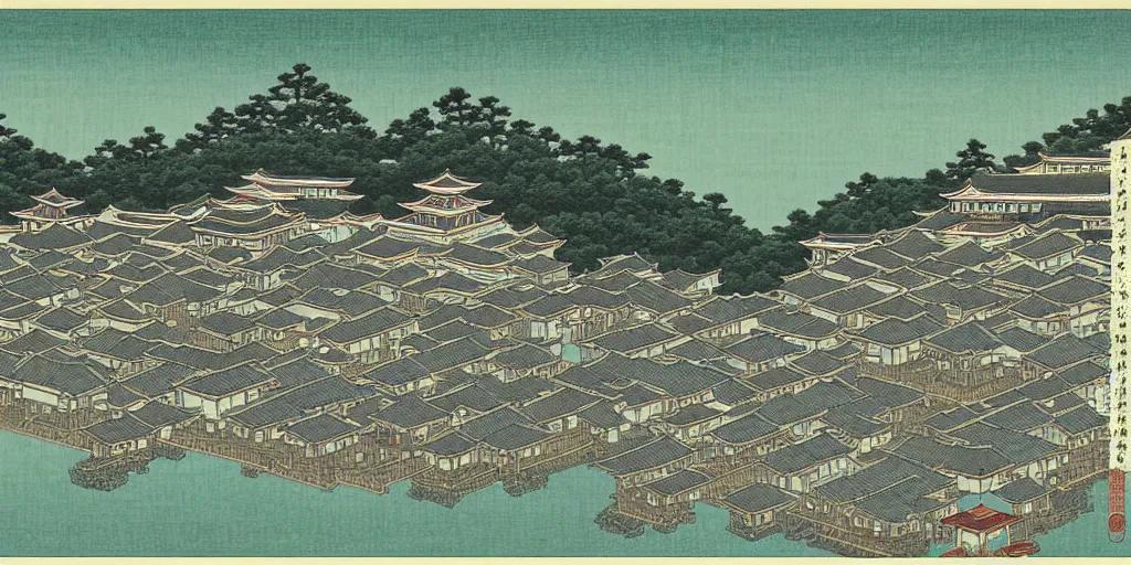 Image similar to an elder chinese city by kawase hasui. hd