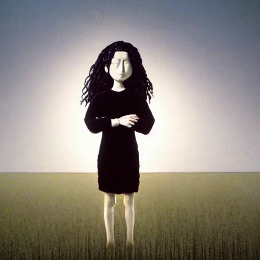 Prompt: cgi, monumental manga by chris van allsburg, by jennifer rubell. a art installation of a woman standing in a field of ashes, her dress billowing in the wind. her hair is wild & her eyes are closed, in a trance - like state. dark & atmospheric, ashes seem to be alive, swirling around.