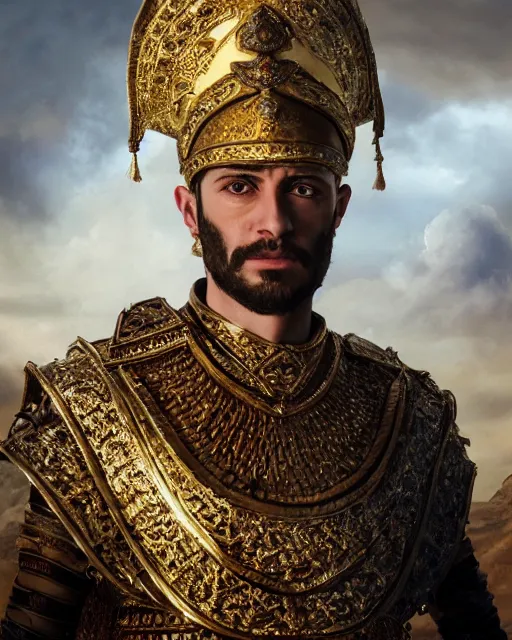 Image similar to xerxes of persia, oil painting, by, by, by, epic, intricate, octane render, matte, highly detailed, amazing lighting, big budget movie still, smooth, sharp, 8 k