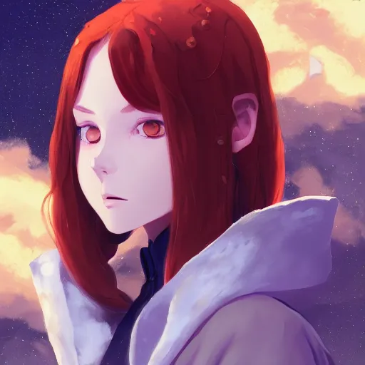 Image similar to portrait of a pale redheaded demon girl with yellow eyes and horns wearing a jacket, galaxy background, highly detailed, digital painting, artstation, matte, by makoto shinkai, animation style, studio ghibli, anime key visual