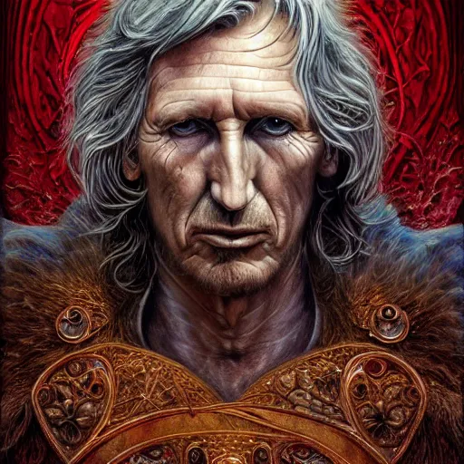 Image similar to A beautiful detailed tarot card of Roger Waters, by  tomasz alen kopera and Justin Gerard, symmetrical features, ominous, magical realism, texture, intricate, ornate, royally decorated, whirling smoke, embers, red adornements, red torn fabric, radiant colors, fantasy, trending on artstation, volumetric lighting, micro details, 3d sculpture, ray tracing, 8k, anaglyph effect