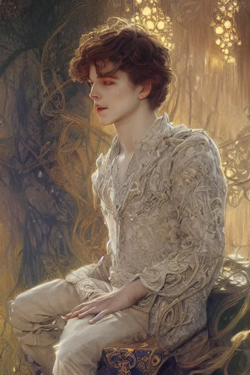 Image similar to young male magician, golden hair, 1920, fantasy, intricate, highly detailed, digital painting, artstation, concept art, smooth, sharp focus, art by Artem Demura and Alphonse Mucha, ArtGerm, Valentina Remenar, Gaston Bussiere, Cedric Peyravernay