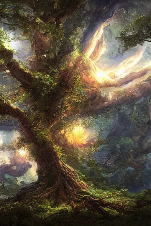 Image similar to tree of four seasons, volymetric light, highly detailed matte painting, noriyoshi ohrai, charlie bowater, mark brooks