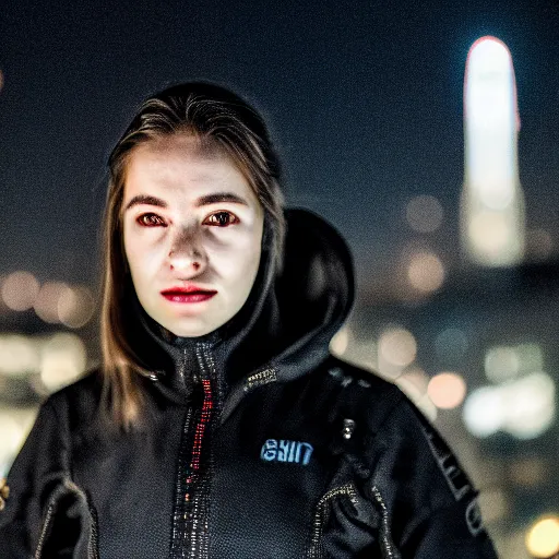 Image similar to photographic portrait of a techwear woman, closeup, on the rooftop of a futuristic city at night, sigma 85mm f/1.4, 4k, depth of field, high resolution, 4k, 8k, hd, full color