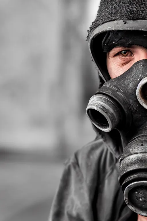 Prompt: an award winning portrait photo of a homeless person wearing a gas mask and hard helmet, 4 k, high quality, sharp focus
