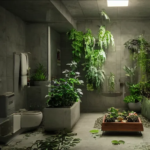 Image similar to a bathroom with a lot of plants inside of it, cyberpunk art by Gregory Crewdson, unsplash, ecological art, reimagined by industrial light and magic, rendered in unreal engine, diorama