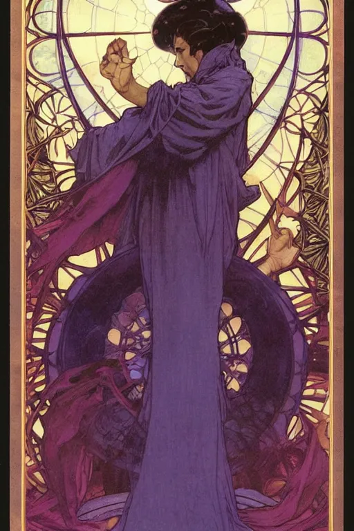 Image similar to An Epic Tarot Card of Dr. strange casting dynamic powerful spell. lit by dark evil magic portal, amazing colour harmony and variation, simple background, by Donato Giancola, William Bouguereau, John Williams Waterhouse, tarot card border made of rare sentient opalescent cosmic ivory by Alphonse Mucha