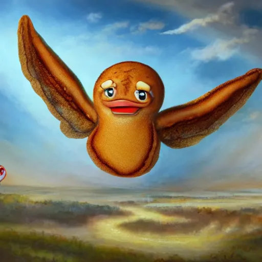 Image similar to a cartoon anthropomorphic pancake leaving the nest to fly for the first time, oil on canvas, portrait, intricate, 8k highly professionally detailed, HDR, CGsociety