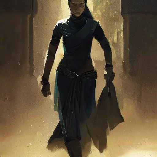 Prompt: a medieval spy from sri lanka, female, black clothes, clever and hopeful, out for revenge, sci fi character portrait by Greg Rutkowski, Craig Mullins