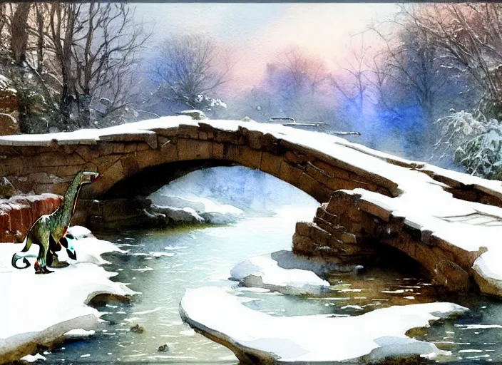 Image similar to watercolor of faraway dinosaur on rustic stone bridge in winter landscape, glistering, high detailed art by dennis miller bunker, work by anders zorn, wonderful masterpiece by greg rutkowski, beautiful cinematic light, american romanticism by greg manchess, creation by tyler edlin