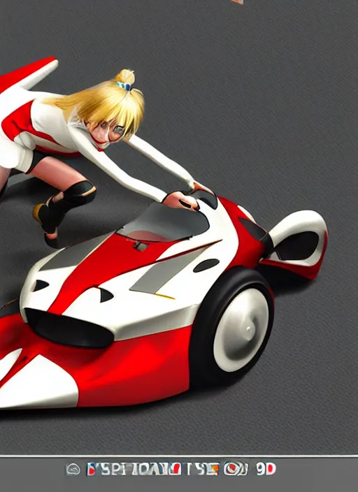 Prompt: Promotional poster 3D render from an old japanese racing game from the 90's depicting a girl dressed as a racing driver.