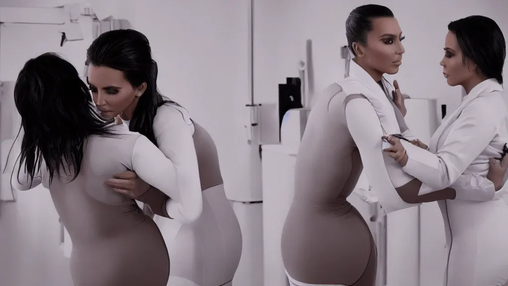 Image similar to johnny cash hugging kim kardashian, kim wearing a skintight nurse outfit, real photo, photoshooting, studio light, hospital background, intricate, epic lighting, cinematic composition, hyper realistic, 8k resolution, unreal engine 5