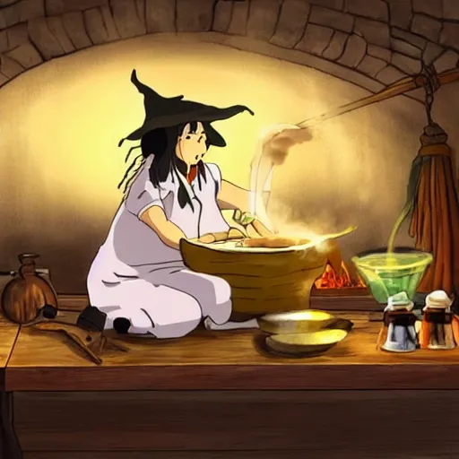 Image similar to a witch adding ingredients to her cauldron, concept art, ambient lighting lit only by the fires glow, studio Ghibli