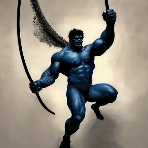 Image similar to artstation concept a midnight blue hulk holding bow and arrow, dusty, hyperdetailed, artstation trending, world renowned artists, worth 1 0 0 0. com, historic artworks society, antique renewel, cgsociety, by greg rutkowski, by gustave dore, deviantart