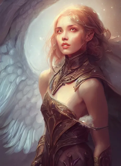 Image similar to beautiful 4 k female portrait, wolf, aasimar angel with wings, tarot card art, character concept art, oilpainting, cinematic lighting, trending in artstation, cgsociety, by wlop, artgerm