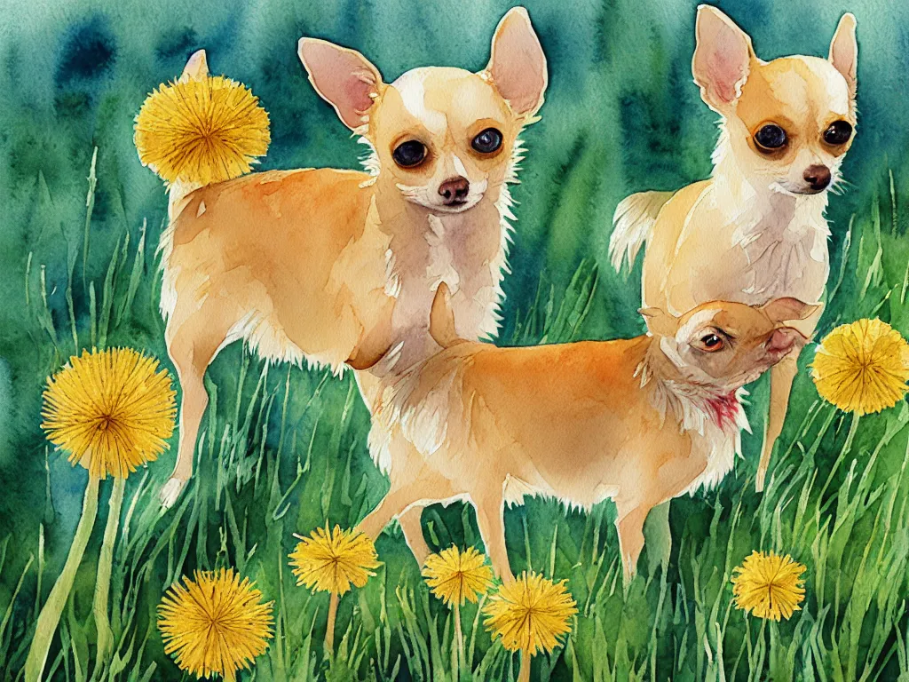 Prompt: watercolor dandelions and Chihuahua in the sun