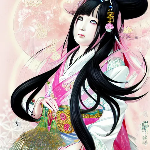 Prompt: portrait of the japanese moon princess kaguya hime with long flowing black hair wearing an ornate pink kimono with intricate floral patterns, touhou character design by ross tran, yoshitaka amano, bo chen artstation