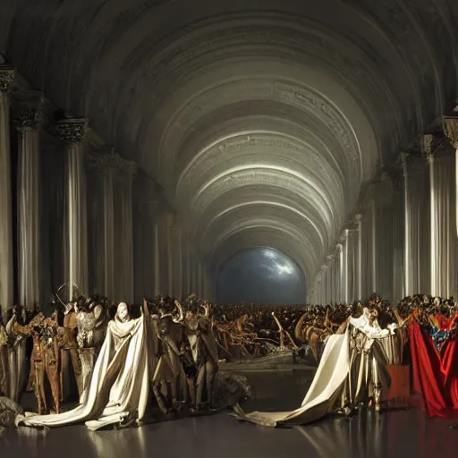 Image similar to full lenght sci-fi cars in the coronation of napoleon painting by Jacques-Louis David and point cloud in the middle and everything in form of zaha hadid architects artwork by caravaggio unreal engine 5 keyshot octane lighting ultra high detail ultra hyper realism 8k 16k in plastic dark tilt shift full-length view