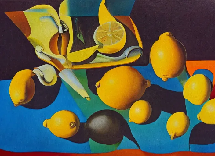 Image similar to abstract composition with lemons and umbrellas, oil on canvas, in the style of salvador dali,