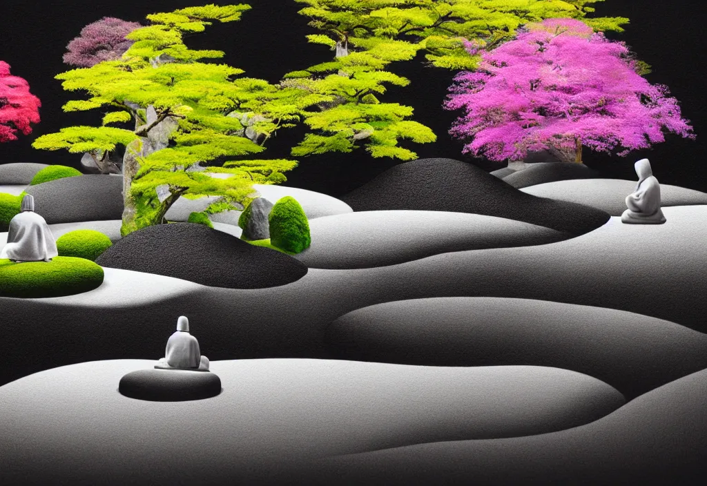 Image similar to zen garden kyoto, japan, a collage painting, in the style of wes anderson, lola dupre, david hockney, isolated on negative white space background dark monochrome fluorescent neon spraypaint accents volumetric octane render