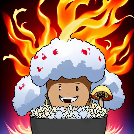 Prompt: fluffy exploding mushroom cloud as popcorn elemental spirit, in the style of a manga character, with a smiling face and flames for hair, sitting on a lotus flower, white background, simple, clean composition, symmetrical