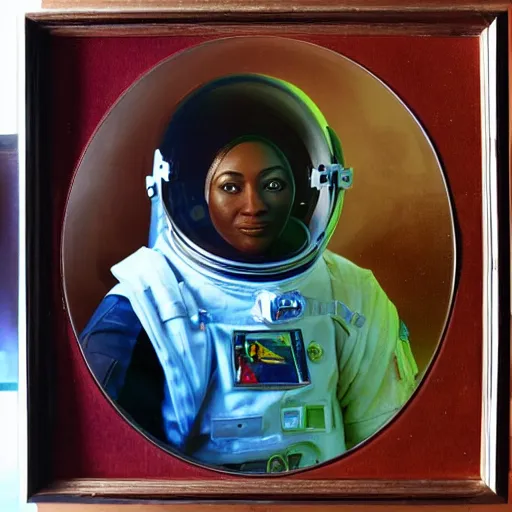 Prompt: “nigerian female astronaut on board international space station wearing space suit and translucent helmet, highly detailed, fish eye lens, in the style of Edward hooper oil painting”