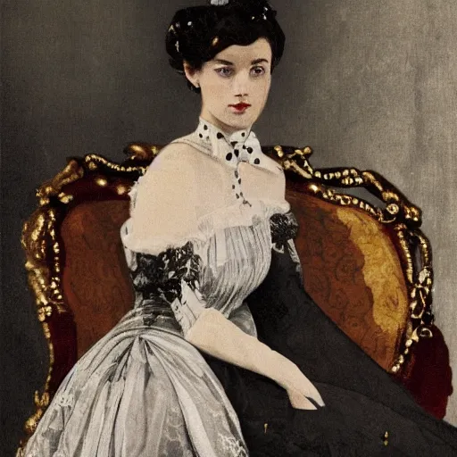 Image similar to elegant woman with victorian clothes posing with a deadly gaze on her throne, fantasy,