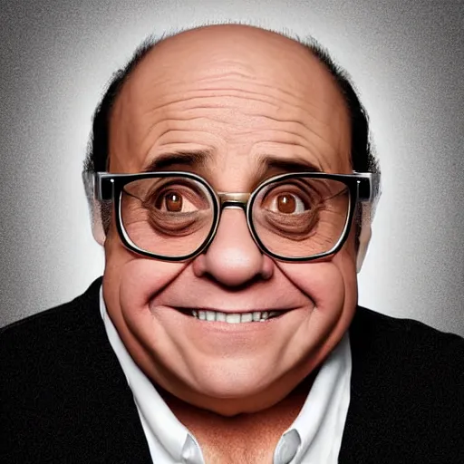 Prompt: digital art of portrait of danny devito, excited facial expression, head - and - shoulders shot, white background, cute pixar character, houdini 3 d render