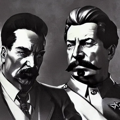 Image similar to lenin and stalin, by shigenori soejima, by frank frazetta, digital painting masterpiece, beautiful brush strokes, advanced lighting technology, symmetry