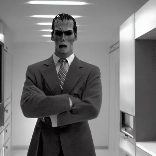 Prompt: Anthromorphic dragon man in the American Psycho (2000), doing the Bateman stare, cinematic still, 4K Bluray