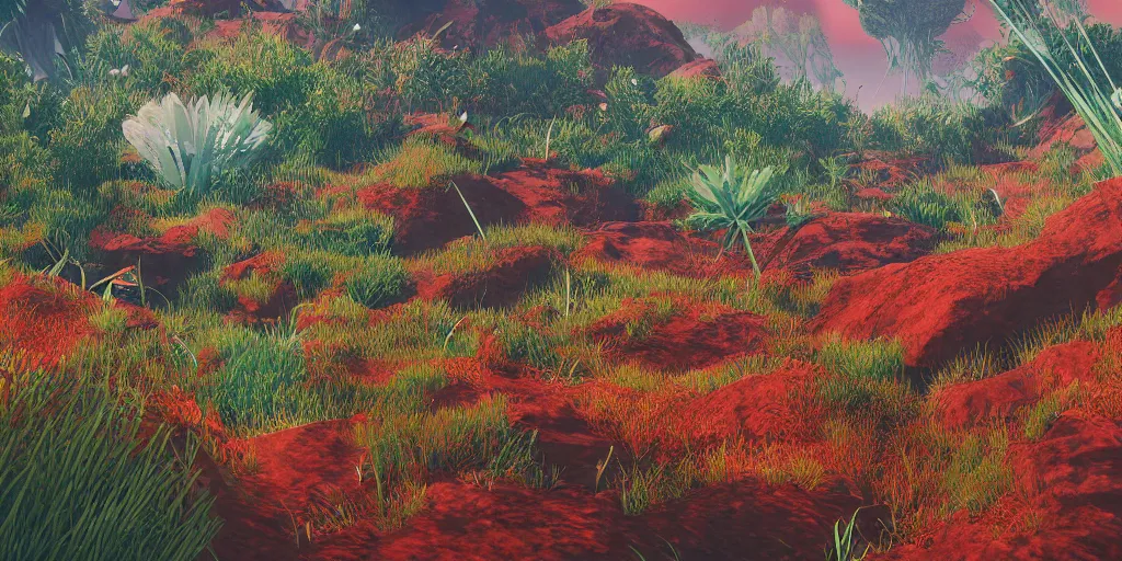 Image similar to abstract 3d rendered landscape with vegetation by james jean and painted in no mans sky style, redshift, octane