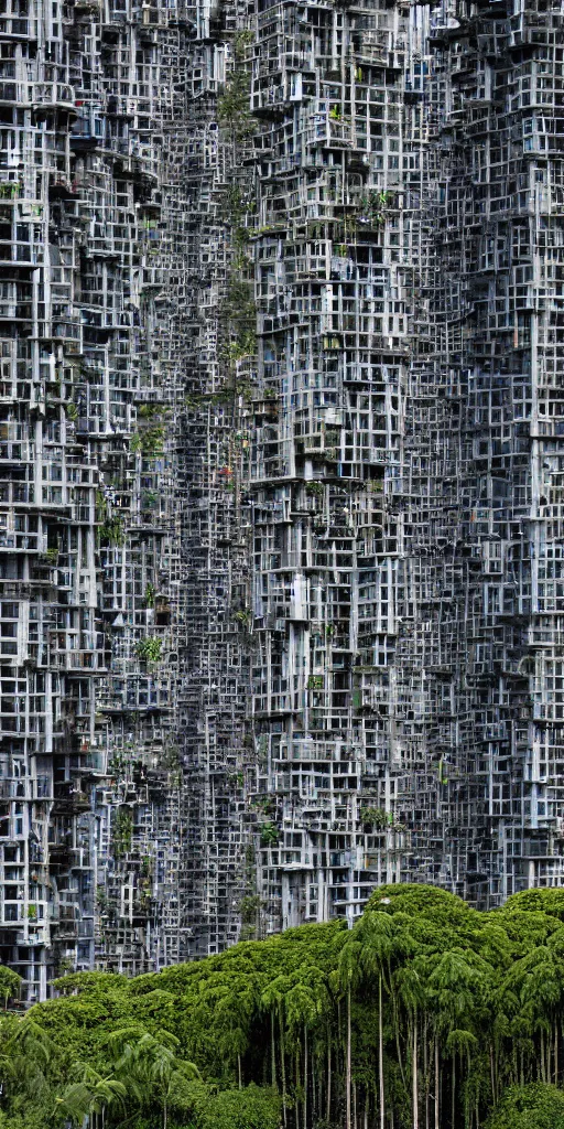 Prompt: a high contrast elevational photo by Andreas Gursky of tall futuristic mixed-use unstable jenga towers emerging out of the ground. The rusty industrial towers are made of metal scaffolding and brightly colored mesh tarps. The mossy towers are covered with trees and ferns growing from scaffolding, floors, and balconies. The towers are bundled very close together and stand straight and tall. The towers have 100 floors with deep balconies and hanging plants. Cinematic composition, volumetric lighting, foggy morning light, architectural photography, 8k, megascans, vray.