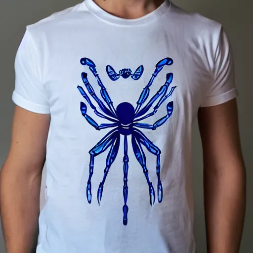 Image similar to white tshirt with design of a cute blue spider on it