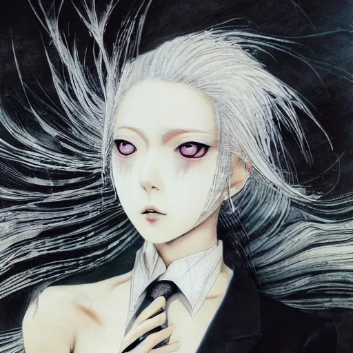 Image similar to Yoshitaka Amano realistic illustration of an anime girl with white hair and cracks on her face wearing dress suit with tie fluttering in the wind, abstract black and white patterns on the background, noisy film grain effect, highly detailed, Renaissance oil painting, weird portrait angle