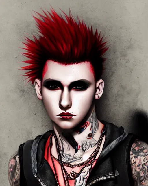 Image similar to young man with a short red dyed mohawk, red eyes and a slim face, gauged ears, dressed in crustpunk clothing, headshot, attractive, handsome, in color, no makeup, model, trending on artstation, high quality art, character design