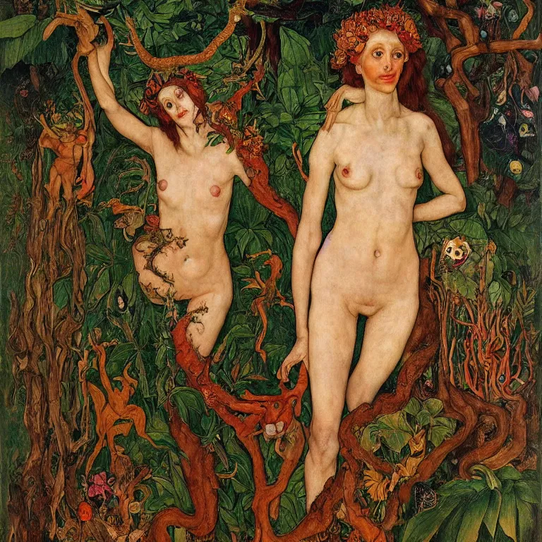 Image similar to a dryad venus, transforms herself into a beast. her face in strangely long and she has goat pupils. her skin is covered in scales and feathers. in the forest around her are colorful tropical birds and orchids. painted by jan van eyck, egon schiele and max ernst, trending on artstation, 8 k, award winning