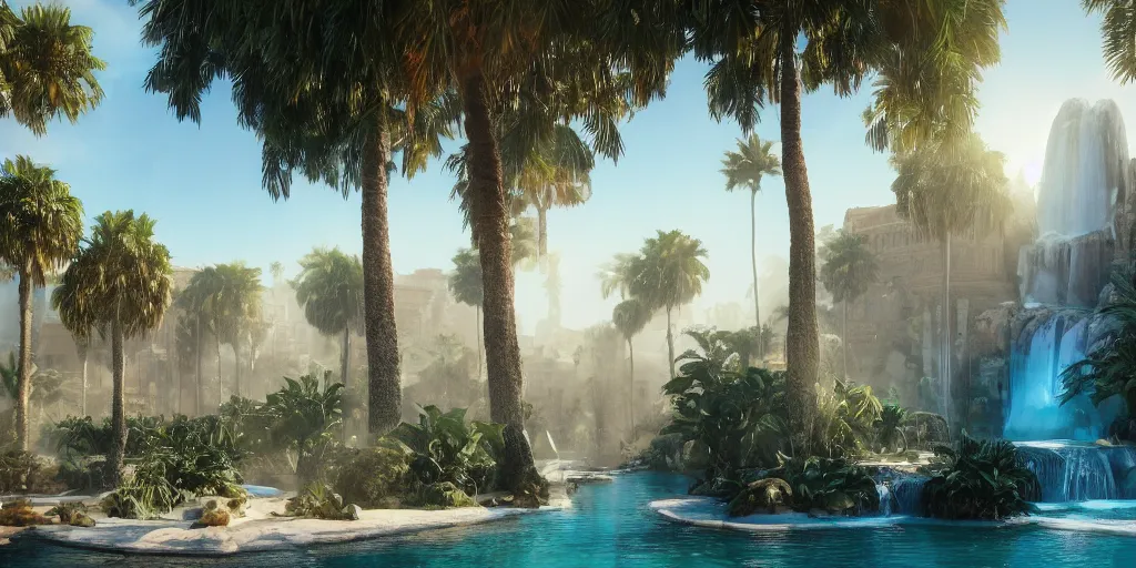 Image similar to beautiful oasis waterfalls surrounded by palm trees, moroccan tile archways, date trees, ivory towers, sun setting, ross tran, nephilim, pyroclastic flow, ethereal, fantasy, james jean, oozium, peter morbacher angelarium alchemy luxury heavenly light soft illumination, trending on artstation, cinematic lighting, digital painting, octane render, artgerm