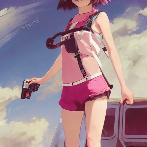 Prompt: a beautiful boyish natalie portman gravure model, wearing oversized pink suspender pants and transparent jet flight backpack, inflatable future shoes, future locomotive style, gapmoe yandere grimdark, trending on pixiv fanbox, painted by greg rutkowski makoto shinkai takashi takeuchi studio ghibli, akihiko yoshida,