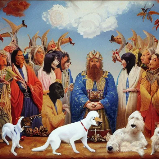 Image similar to the god of dogs from the heaven talking to his dog nation, illustration, 8 k, oil painting,