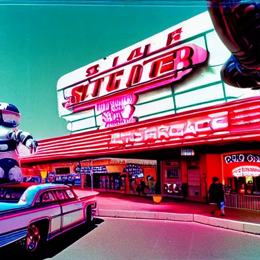 Prompt: future space station!! in outer space with route 6 6, americana architecture, neon signs, happy people walking and retro robots, huge glass windows, stars, wide angle photo, detailed, kodachrome