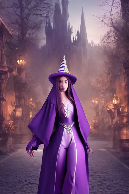 Prompt: Young cute small beautiful girl in form fitting slim purple witch robes and pointy hat at a crowded magical university, full body shot unreal engine hyperreallistic render 8k character masterpiece digital art, trending on Artstation, CGSociety