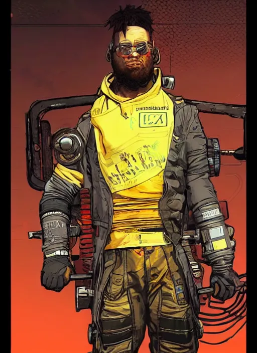 Prompt: greg. apex legends buff cyberpunk weight lifter. concept art by james gurney and mœbius. gorgeous face, cinematic, dramatic lighting ( cyberpunk 2 0 7 7 ), clean aesthetic