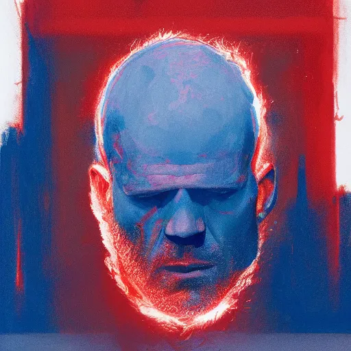 Prompt: powerful red artificer Jason Statham wearing crimson sweatshirt brandishes a blue fire orb norman ackroyd jim lambie greg rutkowski rothko tombow