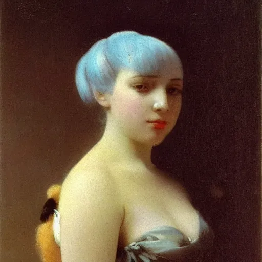 Image similar to a young woman’s face, her hair is silver, she wears a long flowing blue satin veil, by ivan aivazovsky and pieter claesz and paul delaroche and alma tadema and august malmstrom and and willen claesz heda and aelbert cuyp and gerard ter borch, contrapposto, hyperrealistic, volumetric light, rendered in octane, c4d