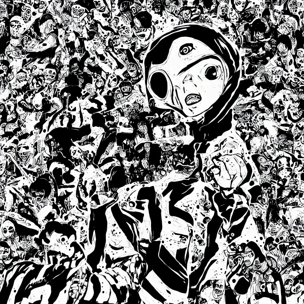 Image similar to faceless human figures, kazuo umezu artwork, jet set radio artwork, stripes, tense, space, skimask, balaclava, ominous, minimal, cybernetic, cowl, dots, stipples, lines, hashing, thumbprint, dark, eerie, circuit board, crosswalks, guts, folds, tearing, painting