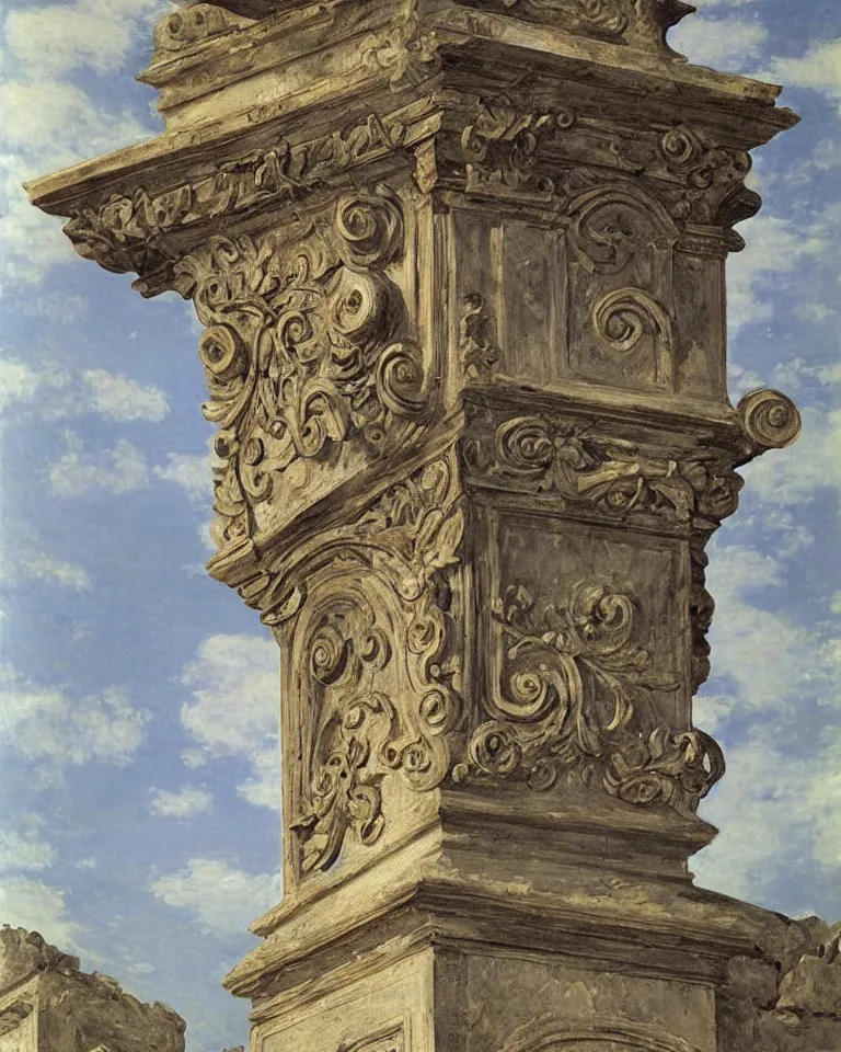 Image similar to achingly beautiful painting of intricate ancient roman corinthian capital on sapphire background by rene magritte, monet, and turner. giovanni battista piranesi.