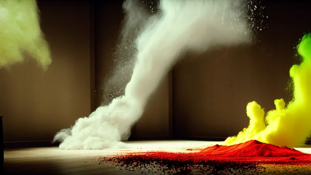 Image similar to colored powder explosion in the living room, film still from the movie directed by Denis Villeneuve with art direction by Salvador Dalí, wide lens