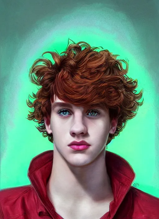 Image similar to portrait of teenage jason blossom, bangs, green eyes, 1 9 8 0 s, mischievous expression, red hair, evil smirk, bangs and curly hair, bangs, intricate, elegant, glowing lights, highly detailed, digital painting, artstation, concept art, smooth, sharp focus, illustration, art by wlop, mars ravelo and greg rutkowski