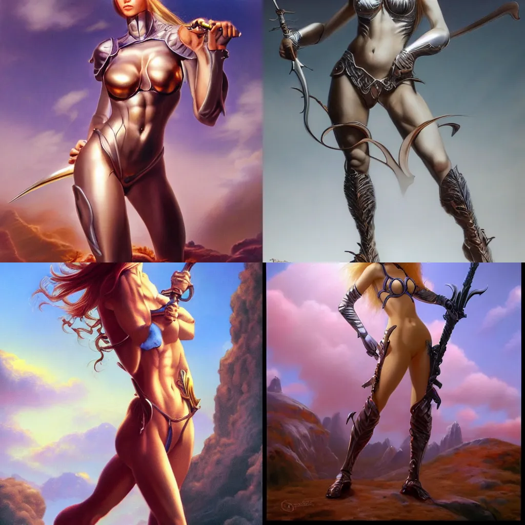 Prompt: an airbrush painting of a nice looking girl with beautiful forms lost in a fantasy world\'s landscape alone with her sword, by hajime sorayama and boris vallejo, trending on artstation, 4K