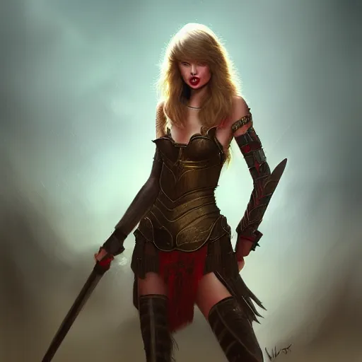 Image similar to taylor swift as a warrior maiden by wlop and glen rutkowski, mate painting, concept art, artstation